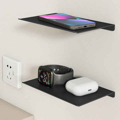 Slick 8 Inch Small Floating Wall Shelves, Heavy Duty Metal Wall Mounted Storage for Bathroom Bedroom Living Room, Dope Minimalist Black Display Racks for Books Room Decor Two Pack with phone and smartwatch.