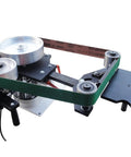 Rock Solid 2 By 71 Inch Variable Speed Belt Grinder With Three Flat And Rubber Grinding Wheels, featuring metal wheels and green belt.