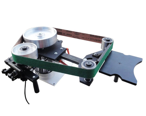 Rock Solid 2 By 71 Inch Variable Speed Belt Grinder With Three Flat And Rubber Grinding Wheels, featuring metal wheels and green belt.