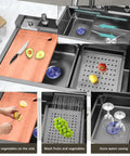Smart Kitchen Sink with Digital Display, Dual Waterfall Design, Pull-Out Faucet, Pressurized Cup Washer for Modern Kitchens with cutting board and vegetables.