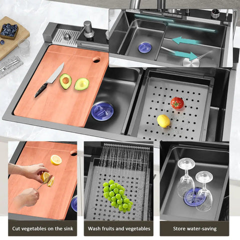 Smart Kitchen Sink with Digital Display, Dual Waterfall Design, Pull-Out Faucet, Pressurized Cup Washer for Modern Kitchens with cutting board and vegetables.