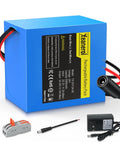 Plug And Play 24V 5Ah Li Ion Battery Pack With 2A Fast Charger, bare leads, cable connector, and extension cord for DIY projects