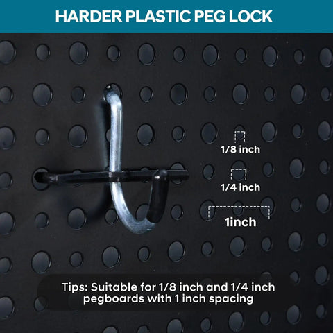 Hook on black pegboard with 1/8 and 1/4 inch spacing for All In One Pegboard Organizer Kit With 246 Pieces Hooks Bins Baskets Paper Towel Holder For One Eighth And One Quarter Pegboard Garage Tool Storage And Hanging Solutions To Keep Your Shop On Point.