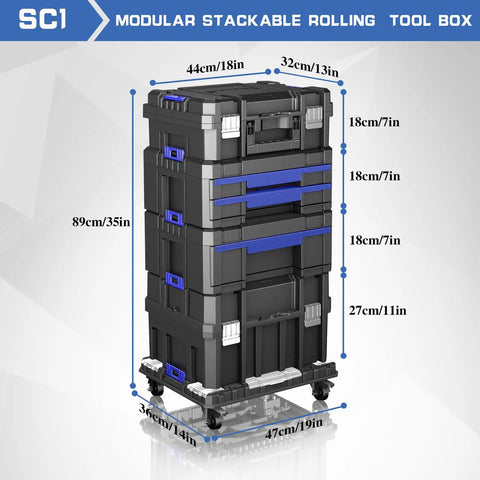 Five Tier Stackable Rolling Toolbox With Wheels And Drawers, Modular Tool Organizer For Garage And Home with measurements shown