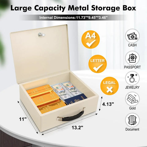 Beefy Fireproof Safe Box With Key Lock For Valuables And Documents, Tough As Nails Fire Resistant Lockbox For Passport Cash And Tablet, Large 13.2 By 11 By 4.13 Inches, Beige, open with contents visible