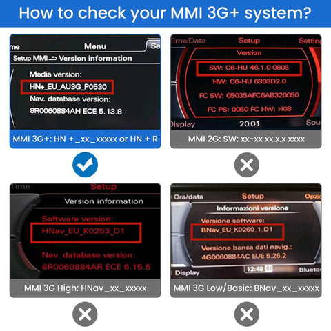 Four comparison screens showing MMI version information for 3G+, 2G, 3G High and Basic systems in Audi vehicles.
