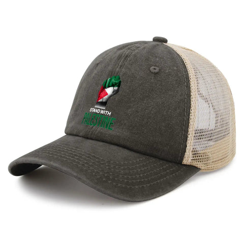 I Stand With Palestine Dope Adjustable Trucker Hat with mesh back and custom design, side view