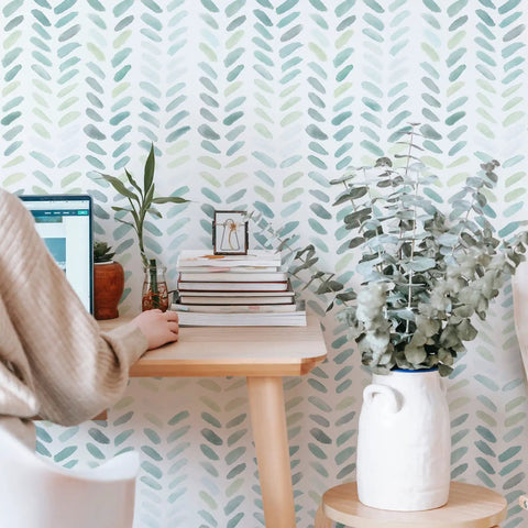 Green And White Peel And Stick Wallpaper Boho Herringbone Contact Paper For Cabinets And Walls Seventeen Point Three Inch Wide By Seventy Eight Point Eight Inch Long Self Adhering Removable Waterproof Bathroom Teal Boho Vibe For Home covering a wall behind a desk.