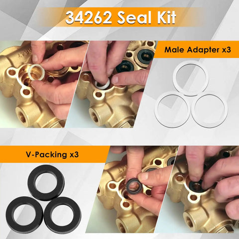 Beefed Up Seal Kit For 66DX And 6DX Pressure Washer Pumps with male adapters and V-packing components shown in installation process.
