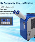 Heavy Duty 220V Industrial Air Conditioner Featuring Dual Adjustable Ducts And Intelligent Digital Panel Portable Spot Cooler showing control panel and dual air ducts.