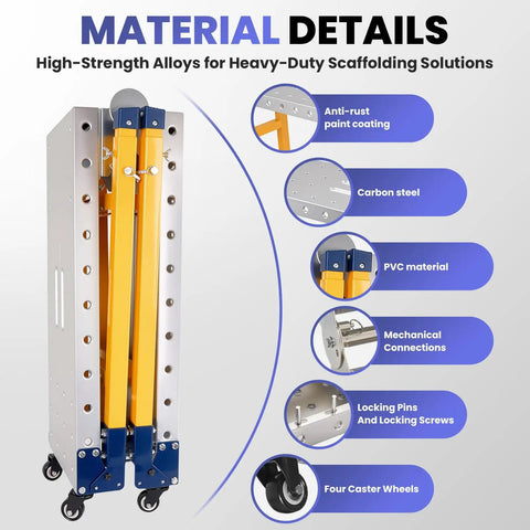 Heavy Duty Portable Welding Table And Folding Scaffolding Platform With Four Smooth Rollers, height adjustable steel workbench showcasing materials used.