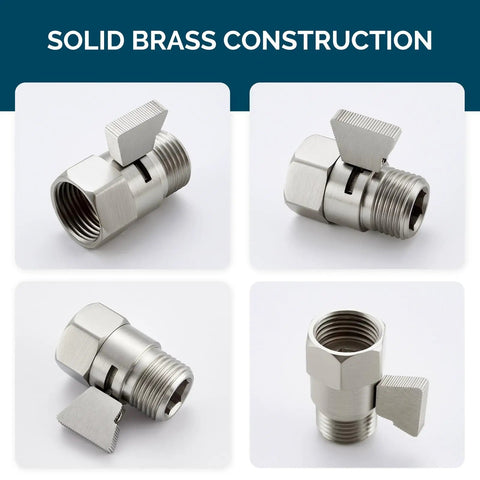 Water Flow Control Valve With Brass Shut Off For Dual Shower Faucets And RV Shower Head Hose Brushed Nickel Finish with lever