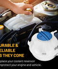 Engine Coolant Reservoir Tank 1K0121407A Replacement For VW Jetta and Audi, shown in engine bay with blue cap close-up