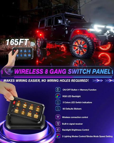 Off-road scene with illuminated 8 Gang Wireless Switch Panel With Remote Control for Off Road Trucks SUVs UTV RV 165 Ft Range