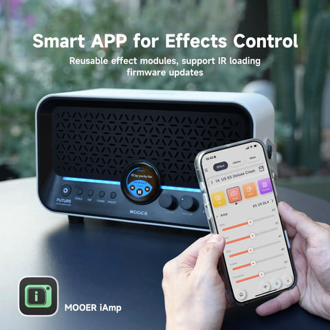 Person controls effects on phone connected to F15i AI Smart Guitar Amp With Touch Screen 15W, 55 Amp Models, 66 Effects Types.