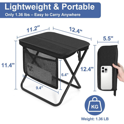 Ultralight Folding Camp Stool With Side Pocket And Carry Bag showing dimensions and lightweight features, black material.