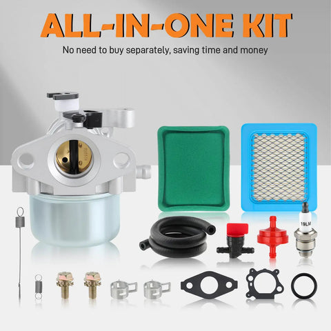 Carburetor For 6.75HP 190CC 675 Series Engine Compatible With Toro 22 Recycler Mower Craftsman TB230 Troy Bilt Lawn Mower Plus DIY Ready Easy Install Fitment, shown with installation kit components.