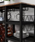 Slick Industrial Wine Rack Table Doubles As Console Table With Glass Holder And Ample Wine Storage Space To Keep Your Favorites Secure showcasing wine bottles, glass holders and plates.