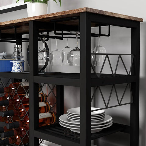 Slick Industrial Wine Rack Table Doubles As Console Table With Glass Holder And Ample Wine Storage Space To Keep Your Favorites Secure showcasing wine bottles, glass holders and plates.