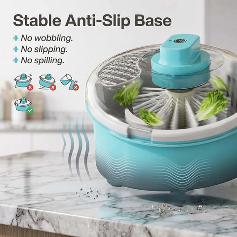 Electric Salad Spinner And Produce Washer To Wash And Spin Dry Leafy Greens Berries Or Fresh Veggies Fast With A Steady Non Slip Base That Makes Kitchen Cooking And Cleanup Totally Hassle Free In Blue showing stable anti-slip base and spinning action.