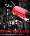20V Cordless Ratchet Wrench Kit With A Badass Brushless Motor, 60 Ft Lbs Torque in use with extension under car hood.