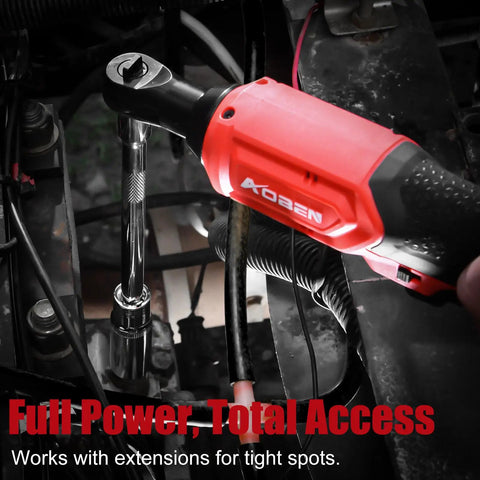 20V Cordless Ratchet Wrench Kit With A Badass Brushless Motor, 60 Ft Lbs Torque in use with extension under car hood.
