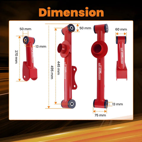 Ford Mustang Rear Upper And Lower Tubular Control Arm Kit With Hardware For 1979 2004 Camber Arms Beefed Up Performance Suspension Upgrade For Street Track Use Today. Red tubular control arms with 13 mm bushings, measured dimensions shown