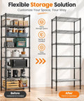 Heavy Duty Steel Wire Shelving Unit Black Metal Storage Rack Built Tough For Garage Warehouse Kitchen Pantry Office Laundry Room Multi Tier Stress Free Setup Game Changer with food and kitchen appliances.