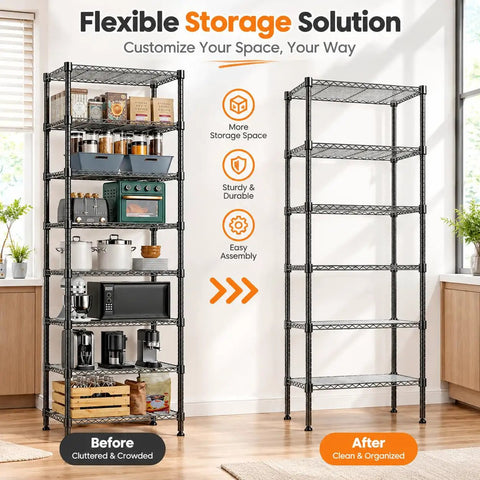 Heavy Duty Steel Wire Shelving Unit Black Metal Storage Rack Built Tough For Garage Warehouse Kitchen Pantry Office Laundry Room Multi Tier Stress Free Setup Game Changer with food and kitchen appliances.