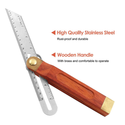Premium 9 Inch T Bevel Angle Finder With Solid Wooden Handle And Rustproof Stainless Steel Blade in detail showing angle markings.