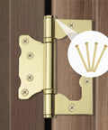 Close-up of installed brass-colored 4 Pack 3.5 Inch Door Hinge Pins For Interior Wood Doors Replacement Hinges With Round Corner Design Durable Hinge Pins