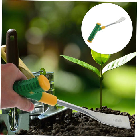 Versatile Garden Shovel And Pickaxe Set For Digging And Planting With Ergonomic Handle next to a small plant in soil