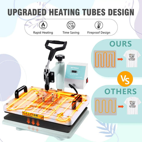 5 In 1 Heat Press Machine For T Shirts, Mugs, Hats, Plates And Tumblers With 12x15 Swing Away Plate showing upgraded heating tubes design
