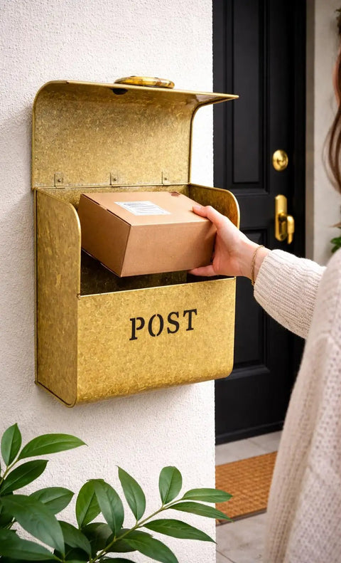 Rust Resistant Metallic Gold Wall Mount Mailbox Built Tough For Outdoors With Powder Coat Finish, parcel being inserted