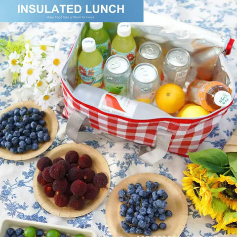 Lightweight Foldable Insulated Picnic Cooler Bag With Zippered Top And 24L Capacity For Hot Or Cold Food shown with fruits and drinks.