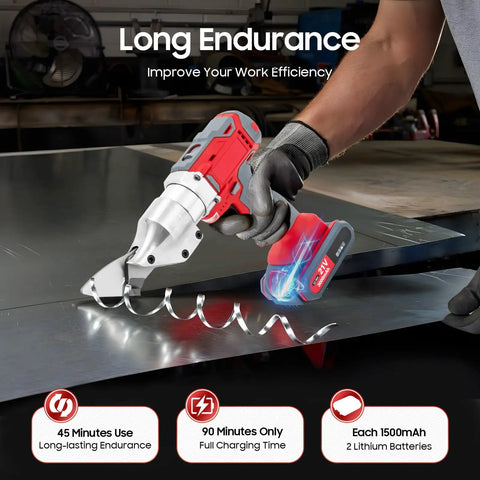 Cordless 36V Electric Metal Cutting Shear With Two Speed Settings Battery Powered Handheld Sheet Metal Cutter Rechargeable Scissors For Metalwork includes lithium battery cutting metal sheet.