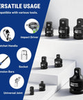 Eight Piece Impact Socket Adapter Set For Quarter To One Inch Drives With Storage Case And Reducers CRMO Steel Converts Impact Driver For Automotive And Mechanical Repairs Built For Pros And Weekend Warriors displayed on steps with usage icons
