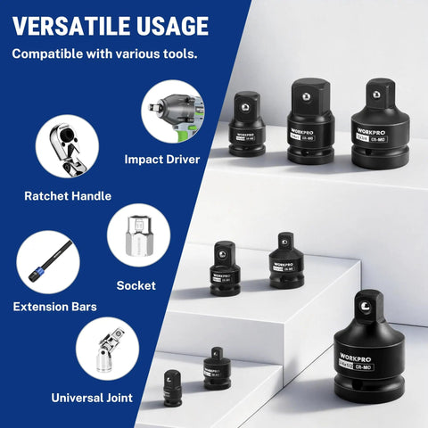 Eight Piece Impact Socket Adapter Set For Quarter To One Inch Drives With Storage Case And Reducers CRMO Steel Converts Impact Driver For Automotive And Mechanical Repairs Built For Pros And Weekend Warriors displayed on steps with usage icons