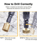 Rock Solid 12-Piece Diamond Drill Bit Set With Hole Saw Kit Ranging From 6mm To 35mm For Glass Tile Stone Granite Marble Ceramic And More Precise Durable Bits Included. drilling guide showing 35mm diamond drill bit at 45 degrees and straight