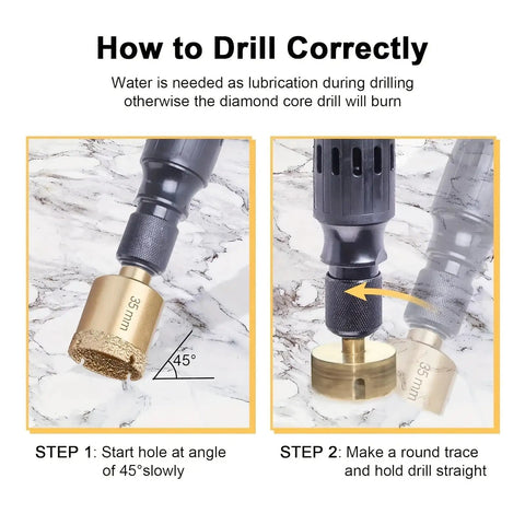 Rock Solid 12-Piece Diamond Drill Bit Set With Hole Saw Kit Ranging From 6mm To 35mm For Glass Tile Stone Granite Marble Ceramic And More Precise Durable Bits Included. drilling guide showing 35mm diamond drill bit at 45 degrees and straight