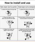 Installation guide for Removable Zipper Repair Kit For Bags Coats Clothes Shoes And Boots No Tools Needed No Fuss Quick Fix.