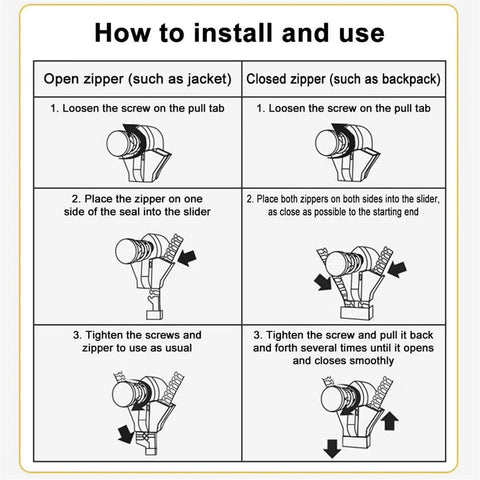 Installation guide for Removable Zipper Repair Kit For Bags Coats Clothes Shoes And Boots No Tools Needed No Fuss Quick Fix.