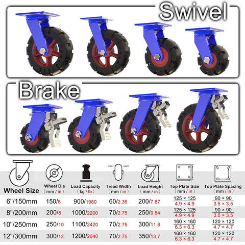 Heavy Duty Industrial Swivel Caster Wheels Set Of Four With Solid Rubber Tires and dual locking brakes, detailed specifications overview.