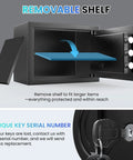 View of Compact Home Safe 0.9 Cu Ft with Removable Shelf, showing programmable keypad and key, suitable for securing valuables.