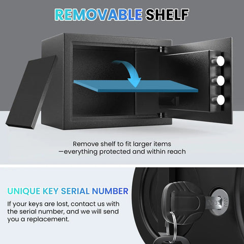 View of Compact Home Safe 0.9 Cu Ft with Removable Shelf, showing programmable keypad and key, suitable for securing valuables.