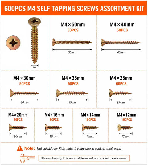 Massive 600 Piece M4 Wood Screw Kit With Storage Box And Driver Bit Nine Common Sizes M4 12 14 16 20 25 30 35 40 50 Mm Phillips Flat Head Self Tapping Screws For Woodworking Furniture Repair And DIY diagram
