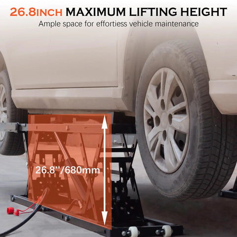 Heavy Duty Portable Car Hoist With Rock Solid Mechanical Locks, 7000 Lbs quick raise jack stand demonstrating 26.8 inch lifting height.