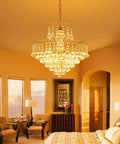 Dope Crystal Chandelier Pendant Flush Mount Light With Gold Finish in a warm bedroom setting