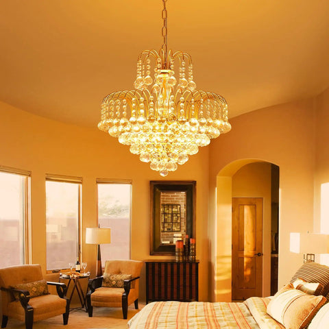 Dope Crystal Chandelier Pendant Flush Mount Light With Gold Finish in a warm bedroom setting