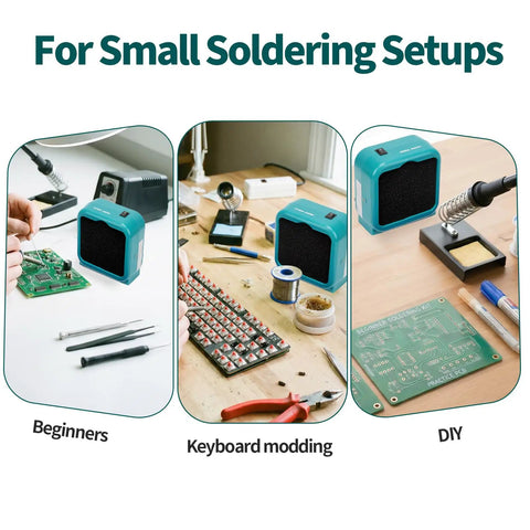 Compact Soldering Fume Extractor That Busts Soldering Smoke With Dual Activated Carbon Filters For PCB Soldering And Electronics Repair Built In Switch Eight Carbon Filters Included Two Stage Airflow Keeps Your Workbench Clean used in small soldering setups with a PCB, keyboard modding, and DIY projects.